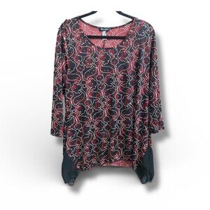 Y2K Abstract Print Mesh Top ✦ Indie Grunge Asymmetrical Long Sleeve Large